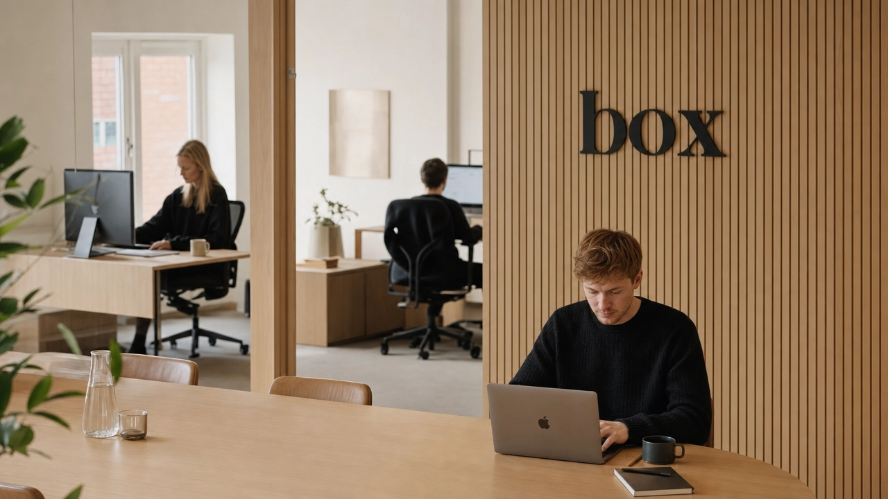 Utvikler jobber på laptop ved møtebordet hos Box, med kolleger ved skjermene bak.